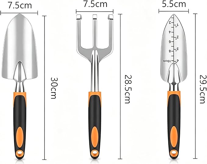 Stainless Steel Garden Tool Set，3 Pieces, Including Hand Shovel & Transplant Shovel & Hand Rake with Non-Slip Soft Ergonomic Handle (Orange)