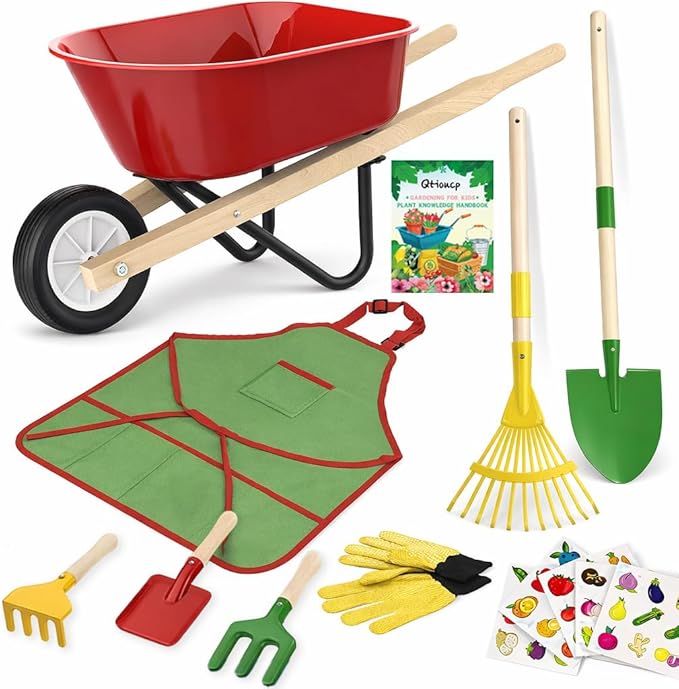 Qtioucp Kids Gardening Wheelbarrow Set, Metal & Wooden Garden Tools for Kids Ages 3-8, Real Wheelbarrows with Apron, Gloves & STEM Guide, Outdoor Backyard Garden Toy Gift (Wheelbarrow Garden Set)