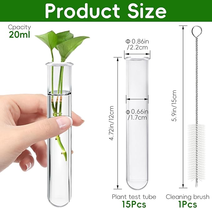 15Pcs Clear Test Tubes for Plant, 20ml Plant Propagation Tube with Brush, Plastic Test Tubes for Hydroponic Plants, Flowers, Home Office Wall Decor (12cm), Transparent