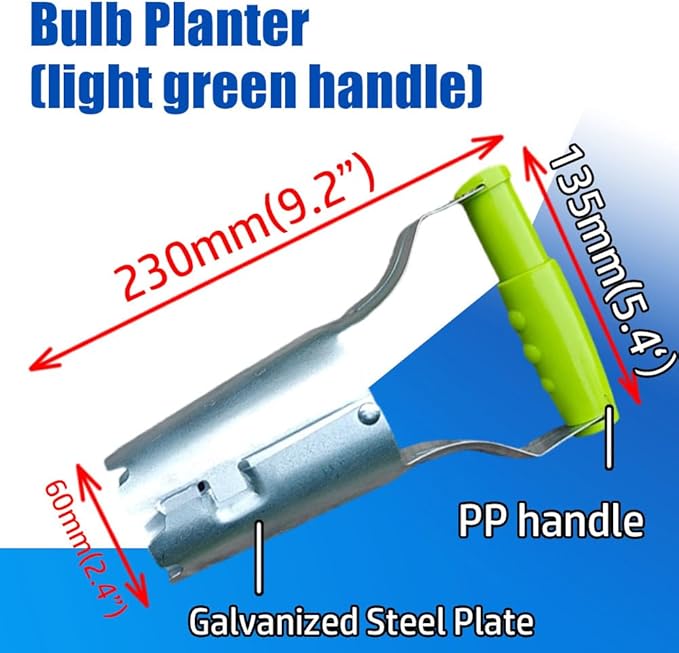 Bulb Planter+Seed Dibber, Light Green PP Handle, Galvanized Steel, Bulb Planter Tool Length 230mm(9.2"), Dibbler Gardening Tool 11.2", Easy Drilling/Transplanting/Planting
