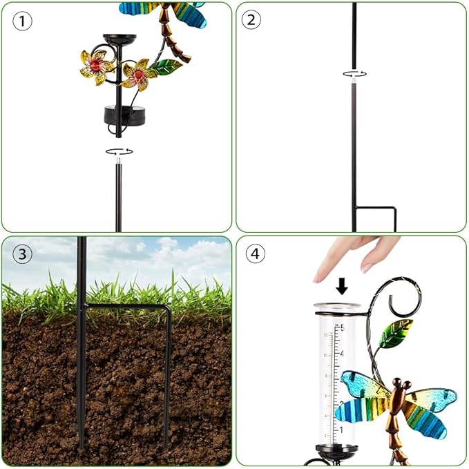 Stargarden Rain Gauge Outdoor, Metal Dragonfly Rain Gauge with 5 inch Glass Tube, Decorative Solar Rain Gauge with LED Lights for Yards, Lawns, Pathways, Patios
