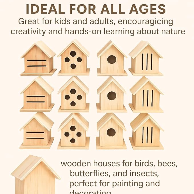DIY Paintable Craft Kit – 12 Pack Wooden Bird, Bee, Insect & Butterfly Houses for Kids and Adults | 4 Styles, Bulk Set, Outdoor Pollinator Garden Habitat
