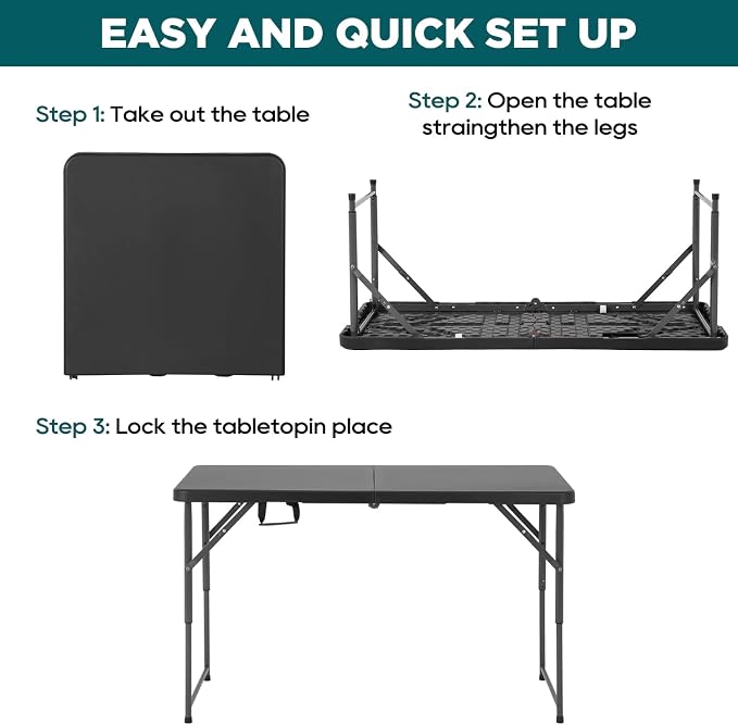 FDW 4 Foot Outdoor Dining Table, Foldable Portable Rectangular Plastic Folding Table with Built in Carrying Handle and Height Adjustable for Party and Wedding Use, Black