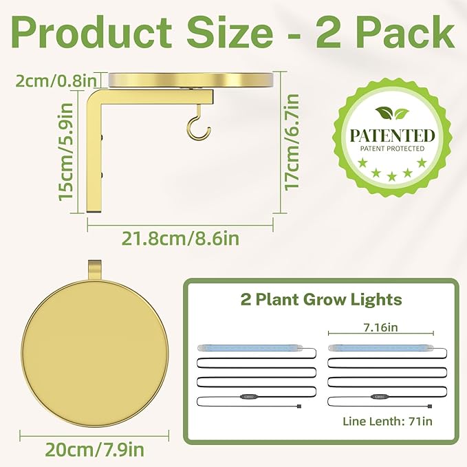 iDavosic.ly Wall Plant Holder with Grow Lights Set of 2 for Indoor Outdoor, Metal Hanger with 2 Hooks, Floating Flower Display Stand for Window, Space Saving & Easy to Assemble (Pots Not Included), Gold