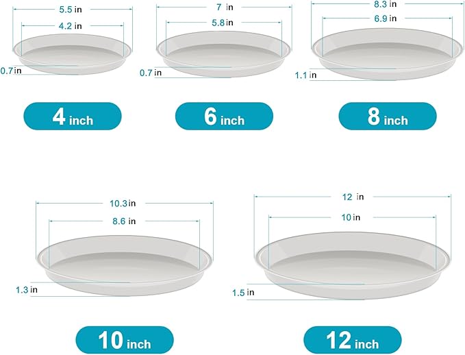VUWEZ 6 Pack Plant Saucer Tray, 4 6 8 10 12 15 16 18 20 inch Plant Saucers for Indoors, Durable Plastic Flower Plant Water Drip Trays Round, Pot Saucers, Plant Trays for Pots (4", White)