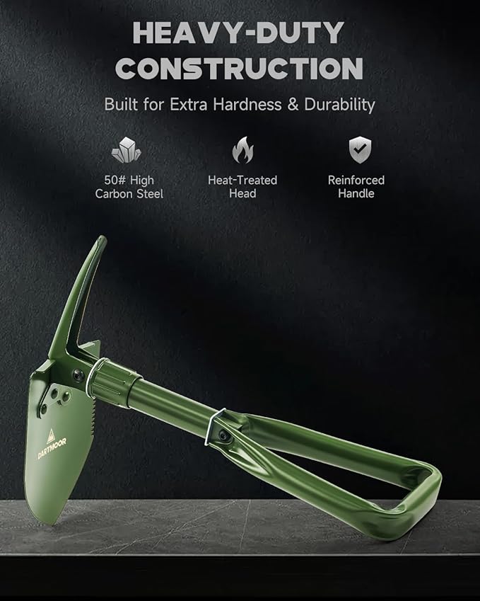 DARTMOOR Folding Shovel, 18" Mini Camping Shovel with Saw Edge, Lightweight Outdoor Survival Shovel for Digging, Camping, Hiking, Garden, Backpacking, with Storage Bag, Green