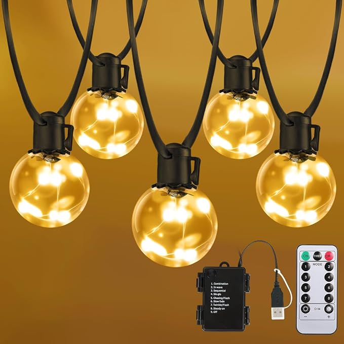 Outdoor String Lights Battery Powered, 20ft 15 G40 Warm White LED Bulbs Hanging Lights Dimmable with Timer, IP65 Waterproof Globe Bulb Shatterproof for Patio Backyard Balcony Christmas Decor