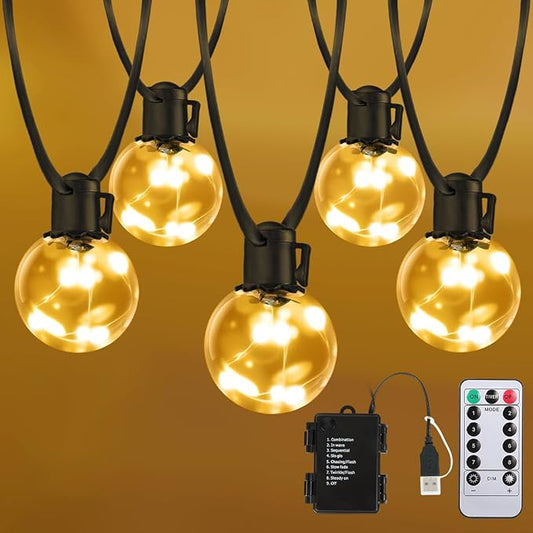 Outdoor String Lights Battery Powered, 20ft 15 G40 Warm White LED Bulbs Hanging Lights Dimmable with Timer, IP65 Waterproof Globe Bulb Shatterproof for Patio Backyard Balcony Christmas Decor