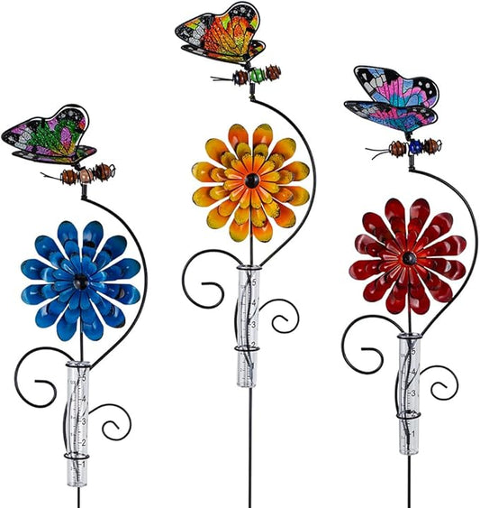 Rain Gauge Outdoor, 3 Pack Butterfly Rain Gauges with 5" Plastic Tube, Metal Flower Decorative Garden Stakes for Yard Patio Lawn Decor