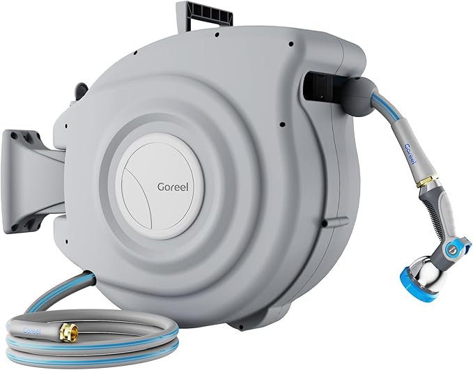Retractable Garden Hose Reel 1/2 in x 100 ft Heavy Duty Automatic Water Hose Reel with 10-Function Sprayer Nozzle Kink-Free Auto Rewind Any-Length Lock 180° Swivel UV Resistant - Light Gray
