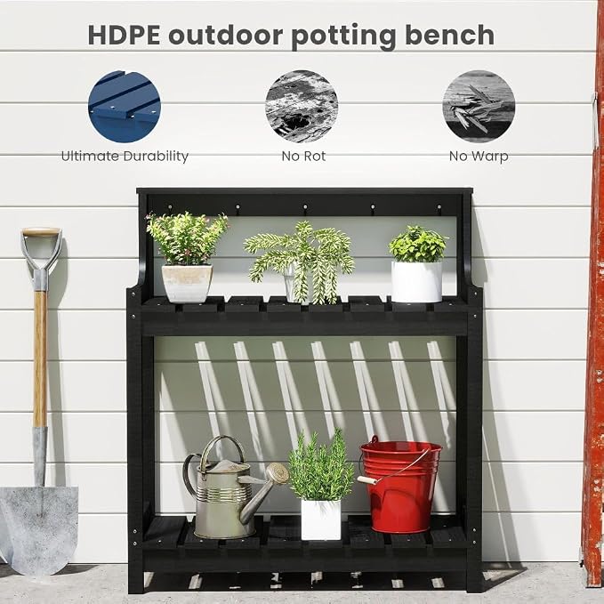 Potting Benches for Outside, HDPE Garden Potting Table All Weather, Outdoor Potting Table with Storage for Patio, Backyard, Garden, Black