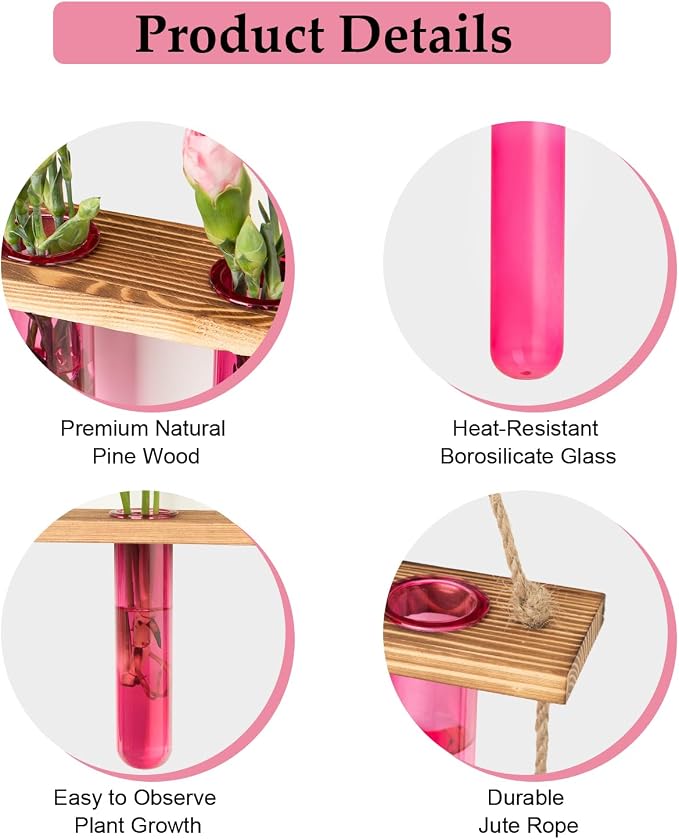 XXXFLOWER Wall Hanging Propagation Station with Wooden Stand 9 Test Tubes Vases Tiers Planters Wall Terrarium for Home Office Plant Hanger Flower Vases Wall Decor Hydroponic Cuttings(Pink)