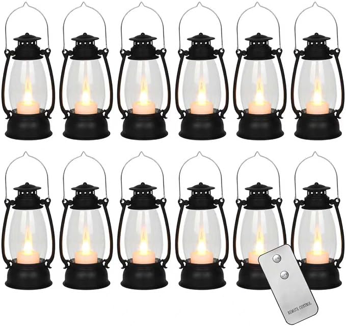 12PCS Black Mini Lanterns with Remote Control, 5.1" H/13cm (6.7" H with Handle) Vintage LED Lantern Decorative - Christmas Table Centerpieces, Western Party Decorations & Camping Party Decor