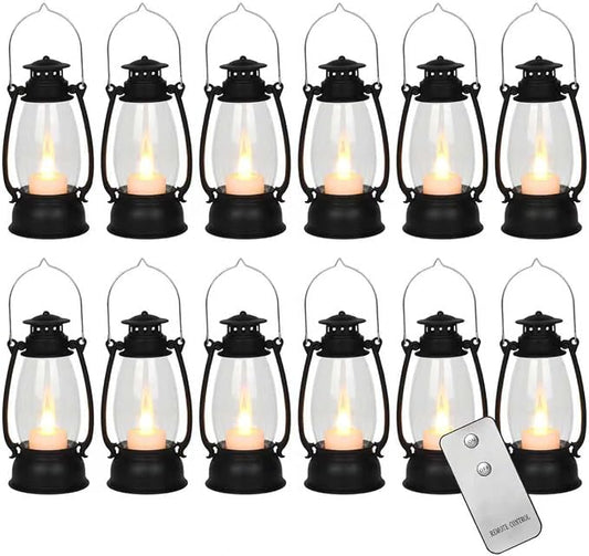 12PCS Black Mini Lanterns with Remote Control, 5.1" H/13cm (6.7" H with Handle) Vintage LED Lantern Decorative - Christmas Table Centerpieces, Western Party Decorations & Camping Party Decor
