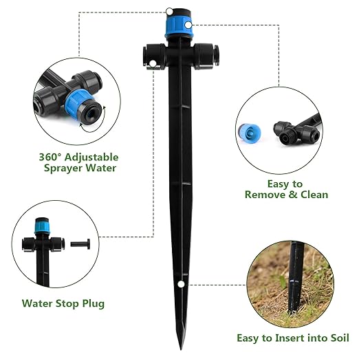 Kalolary Drip Irrigation Emitters, 30pcs Adjustable 360 Degree Water Flow Emitters for 1/4" Tubing, Two-Way Connection Irrigation Drippers for Garden, Lawn, and Greenhouse Watering Systems(Blue)