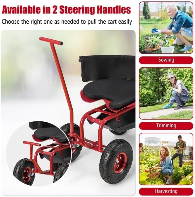 ERGOMASTER Garden Seat with Wheels, Outdoor Gardening Wagon Scooter, 2 Steering Handles, 360° Swivel Workseat & Tool Storage, Use for Patio, Yard, Lawn, Red