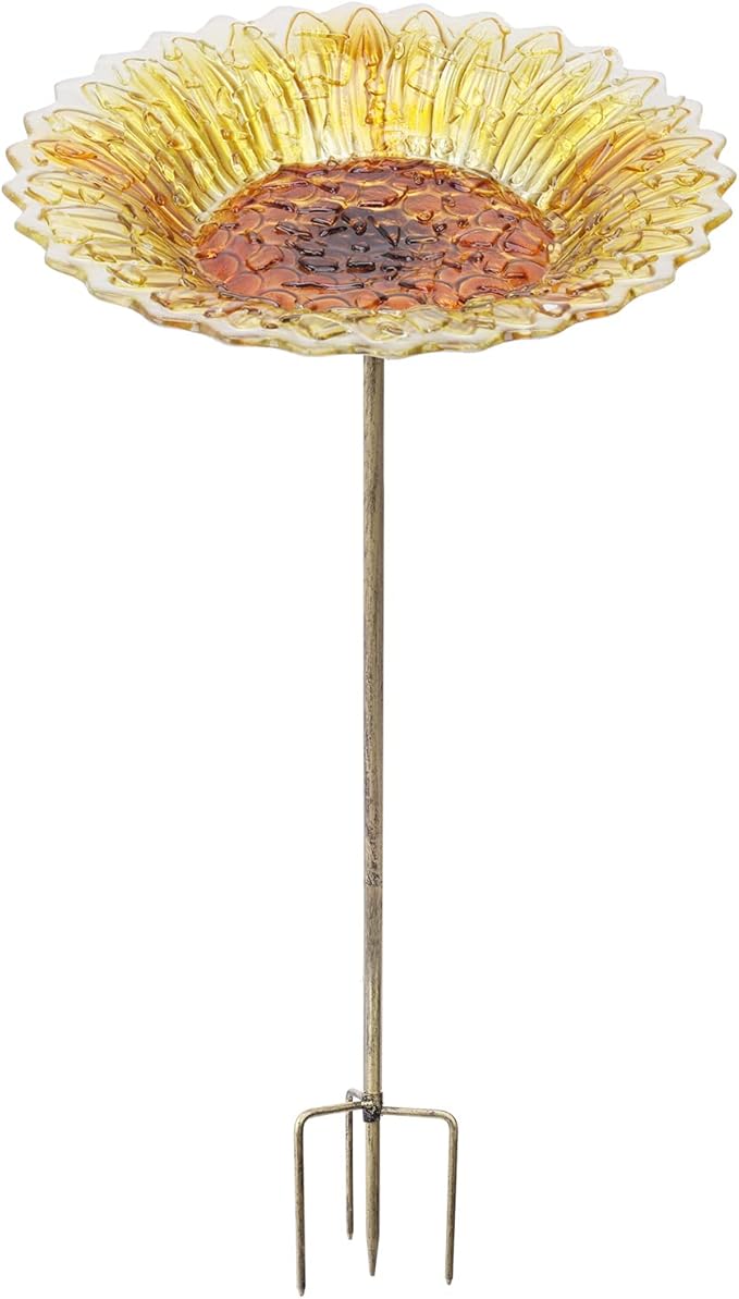 MUMTOP Glass Bird Bath, Garden Outdoor Birdbaths Birdfeeder with Metal Stake, Golden