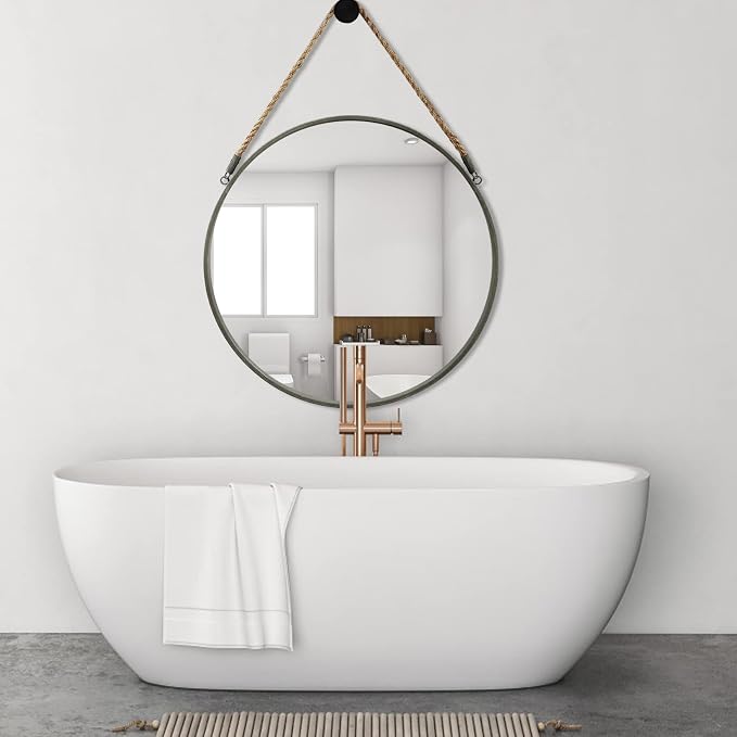 POZINO Round Hanging Mirror with Rope, 24 Inch Grey Metal Frame Circle Wall Mirror, Farmhouse Decorative Mirror for Entryway, Living Room, Fireplace, Bedroom, Bathroom