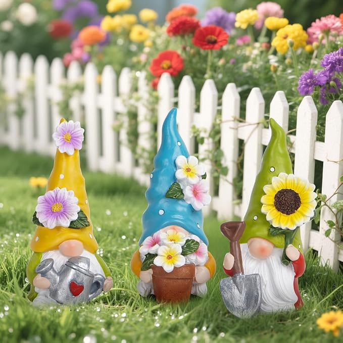Hodao Summer Decorations for Home - Colorful Garden Gnomes Figurines with Flowers & Tools – Spring Summer Indoor Decor for Table, Lawn, Window Sill – Gift for Garden Lovers