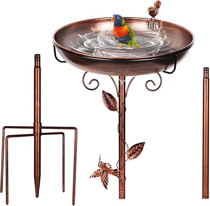 Bird Bath for Outside, 2 Bird Decor, Hummingbird on Pole & Sparrow on Bowl, 38.5 Inch Height Garden Birdbaths, 12 Inch Antique Bronze Freestanding Birdfeeder Bath for Yard Patio
