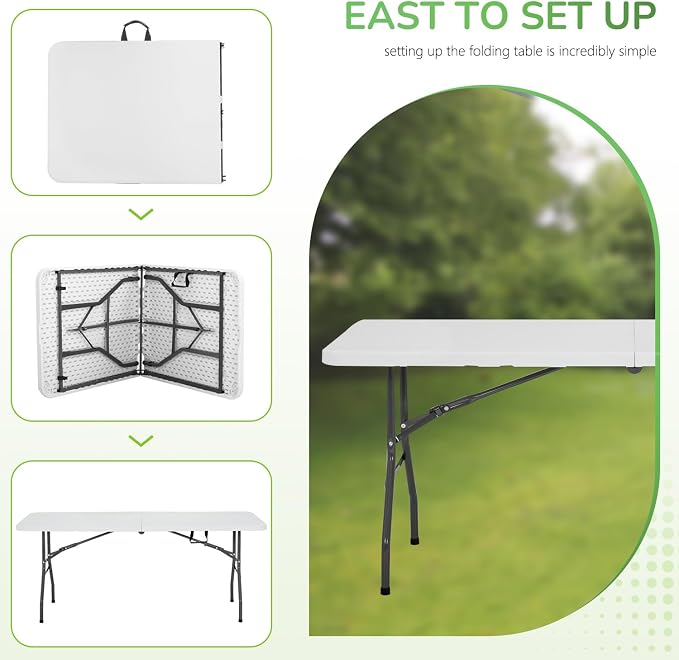 PayLessHere | 6FT Folding Table | Portable Plastic Table with Carry Handle | Waterproof & Foldable Table Design | Steel Frame with Lock | White | for Events, Camping, Indoor & Outdoor Use