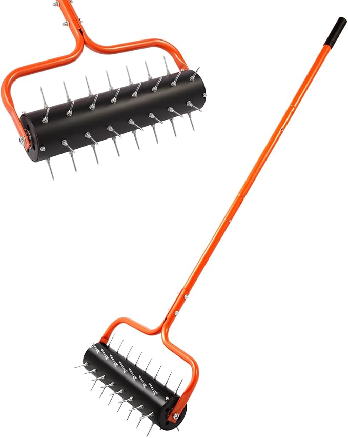 Rolling Lawn Aerator, 21" Soil Penetrator push Aerator for lawn,Preasembled Spike Garden Aerator Tool, 75" Adjustable Handle ,Heavy Duty Aerator lawn tool for garden,farm care,Keep the soil health.