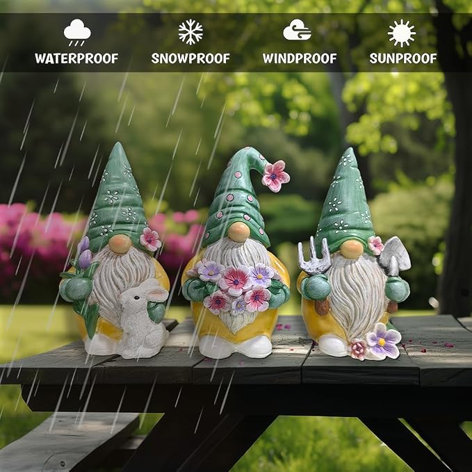 Spring & Summer-Themed Garden Statues – Adorable Outdoor Decor for Lawn, Patio & Porch (Garden Guardians Set of Three 6" Gardening Gnome Figurines, Floral Green and Yellow Statue Decor)