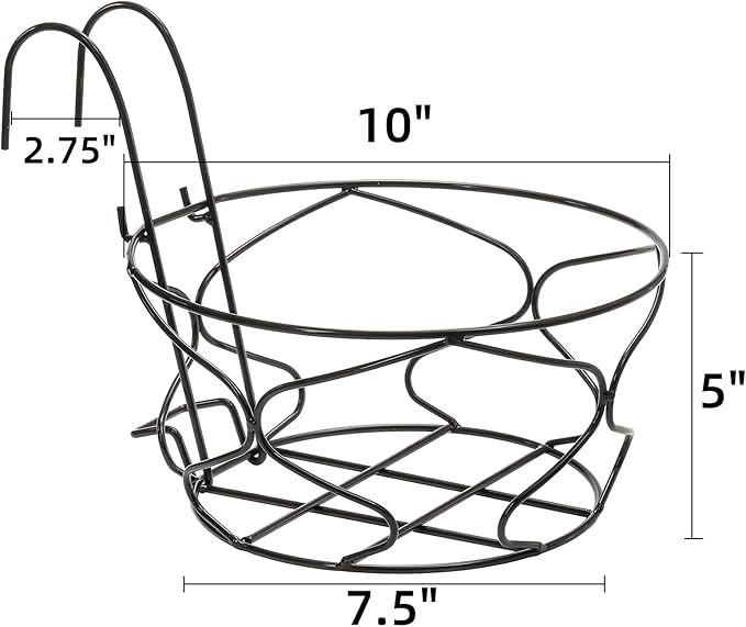Noamus 3 Pack 10" Hanging Railing Planters Basket, Round Iron Rack Fence Shelf, Metal Wire Flower Pot Holder, Plants Hangers with Detachable Hook for Balcony Garden Indoor and Outdoor (Black)