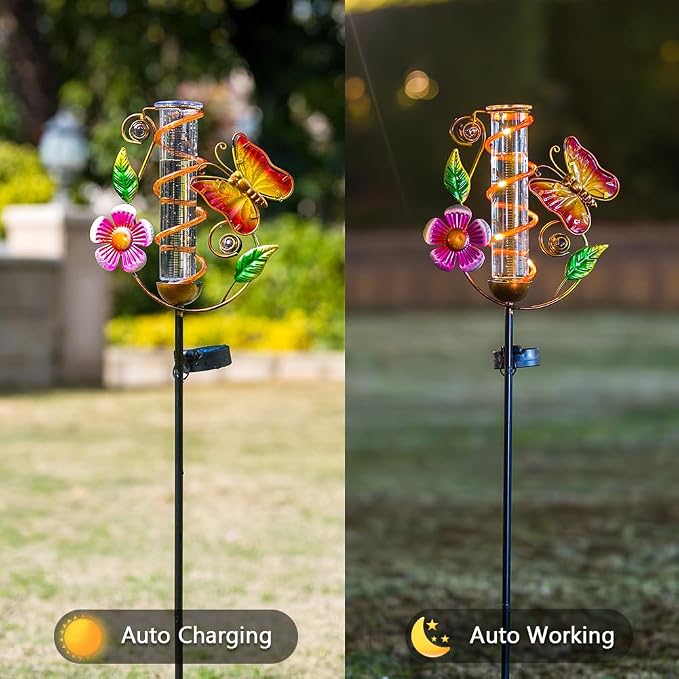 Rain Gauge Outdoor, Solar Rain Gauges for Yard, Butterfly Freeze Proof Rain Gauge with 7" Plastic Tube, Metal Decorative Water Gauge with Led Light