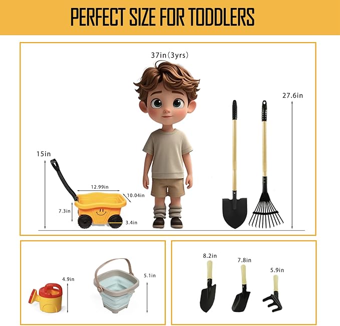 Toddlers Rake & Shovel Set with Wheelbarrow, Kids Yard Tools for Digging, Gardening, Beach, Sandbox, Lawn, Camping, Summer Outdoor Garden Toys Gifts for Children Age 3-6 Years Old