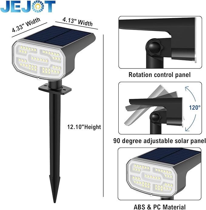 JEJOT Solar Lights Outdoor Waterproof IP65,Auto On/Off, 2700K 2 Lighting Modes, Super Bright LED, Solar Powered Yard Garden Solar Spot Lights for Outside Landscape,4 Pack