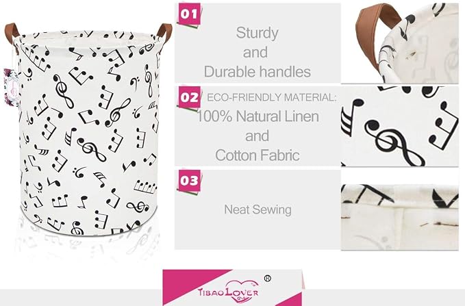 19.7" Large Sized Waterproof Foldable Canvas Laundry Hamper Bucket with Handles for Storage Bin,Kids Room,Home Organizer,Nursery Storage,Baby Hamper (Musical Note)