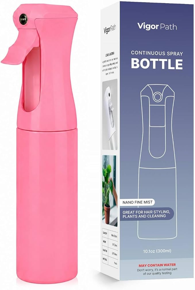 VIGOR PATH Continuous Spray Bottle for Hair – Fine Mist Mister for Hairstyling, Cleaning, Plants, Pets, Barbers, Salons, and Essential Oil Applications (300ml/10 oz) Pink