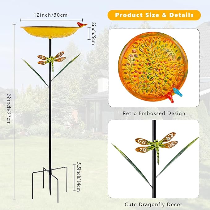VEWOGARDEN 38" Tall Metal Bird Bath for Outside, Outdoor Bird Bath Feeder with Stable Stake for Garden, Yard, Patio Decor, Yellow