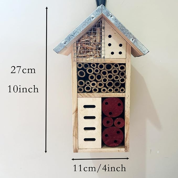 Wooden Insect Hotel for Garden - Bee House & Ladybug House, Pollinator Bug Hotel/Bug House to Attract Beneficial Garden Insects (Tin Color)