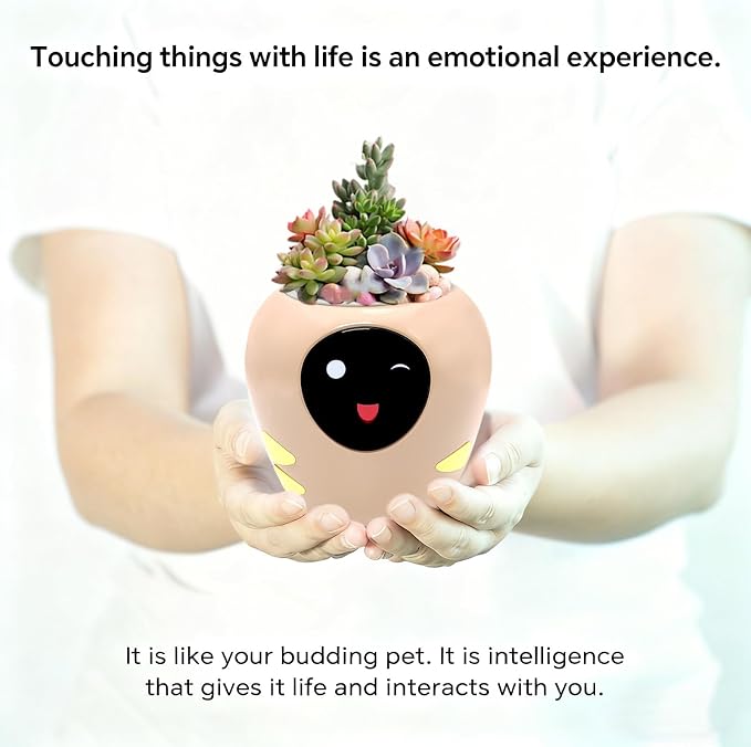 Smart Plant Pot with Expression, AI Intelligent Flower Pot for Indoor Decoration, Smart Garden Pot with Water/Light/Temperature Sensors, Ivy AI Planter (Pink（Big）)
