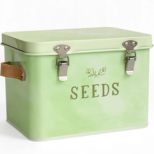 1Canoe2 Tin Seed Organizer Storage Box, Garden Seed Packet Vault Container, Gardening Supplies, Greenhouse Accessories, Gardening Gifts for Women (Green)