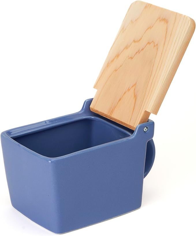 Zero Japan Bee House Premium Salt Box with Hinoki Lid - Container for Sea Salt and Spices - Elegant Cellar for Kitchen Countertop - Blueberry Blue, 16 oz