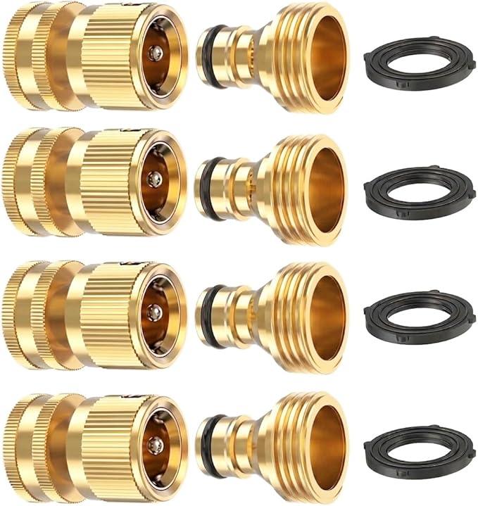 Kesfitt Garden Hose Quick Connect 3/4 Inch GHT Solid Brass Hose Connector Adapter Kit Fitting No-Leak Water Hose Female and Male Adapter (4 Sets)