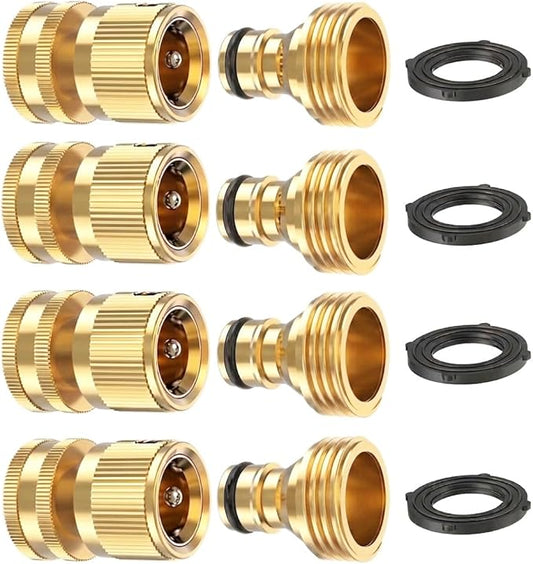 Kesfitt Garden Hose Quick Connect 3/4 Inch GHT Solid Brass Hose Connector Adapter Kit Fitting No-Leak Water Hose Female and Male Adapter (4 Sets)