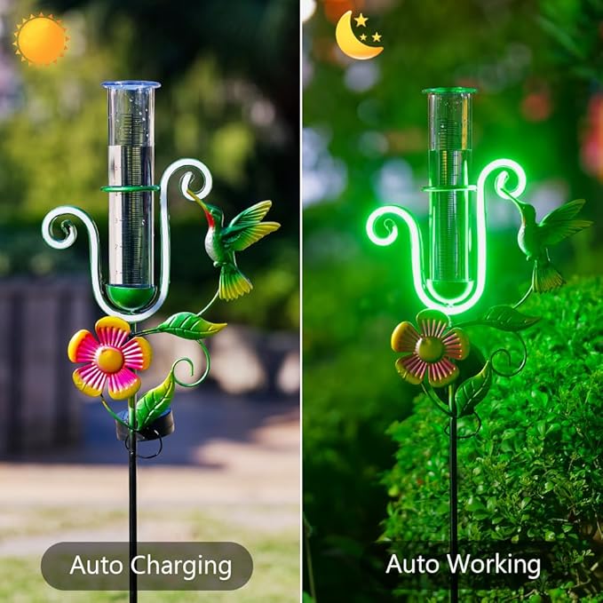 Stargarden Rain Gauge Outdoor, Hummingbird Solar Rain Gauge, Metal Rain Measure Gauge with 7 Inch Tube, Decorative Rainfall Measurement for Yard, Porch Decor