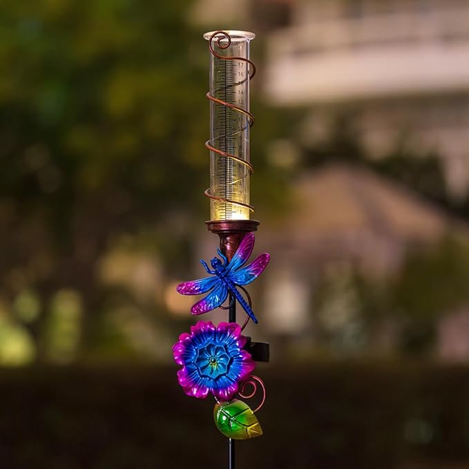 Stargarden Rain Gauge Outdoor, Solar Rain Gauge, Solar Measuring Gauge, Dragonfly Decorative Rain Gauge with 7" Plastic Tube for Yard Lawn Garden