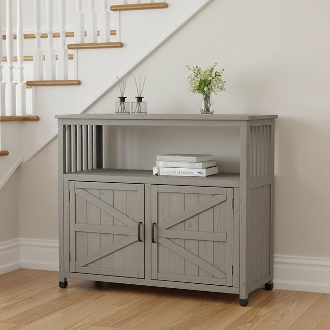 Wooden Outdoor Storage Cabinet, Outdoor Bar Table Cabinet with Storage, Outdoor Buffet Sideboard for Patio, Garden, Potting Bench, TV Stand, Bar Table, Balcony, Grey