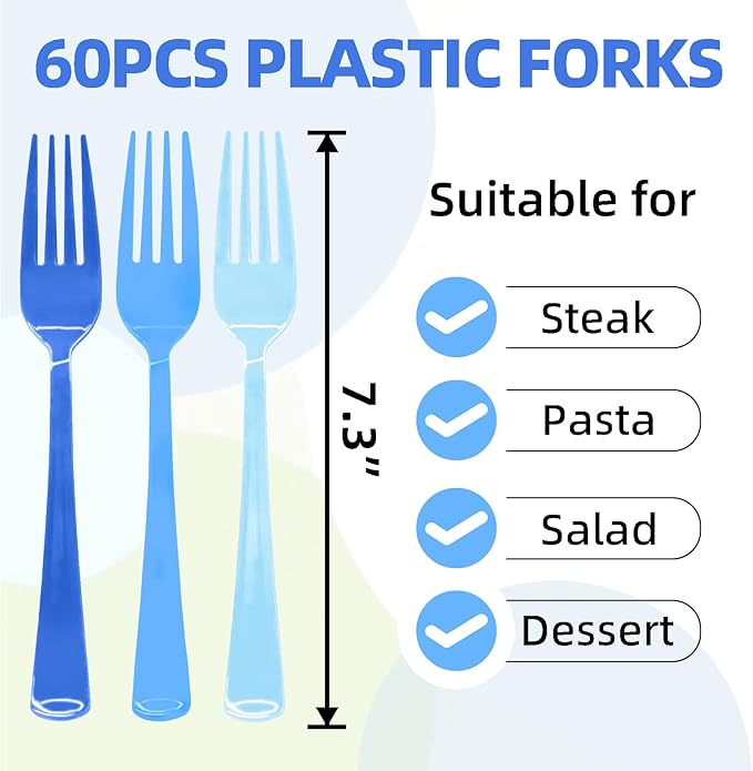 60 Pcs Blue Plastic Forks Disposable Baby Blue Cutlery Heavy Duty Plastic Silverware 50 Disposable Forks for Brithday, Wedding, Baby Shower