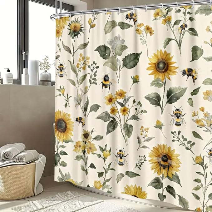 Rustic Boho Sunflowers Bee Shower Curtain, Vintage Chic Country Floral Botanical Floral Plant Farmhouse Cottagecore Aesthetic Shower Curtain Set with Hook, Beige Yellow Bath Curtain 72X72 Inch