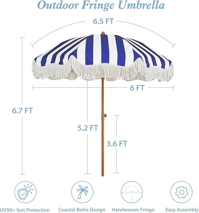 AMMSUN Boho Fringe Umbrella Outdoor Patio, 6.5ft UPF50+ Picnic Umbrella with Tassels with Steel Pole and Push Button Tilt, Navy Stripe