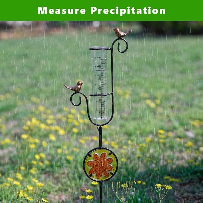 Rain Gauge Outdoor, Hummingbird Rain Gauge, Metal Rain Measure Gauge with Stained Glass, Decorative Rainfall Measurement for Patio, Lawn, Garden Decor