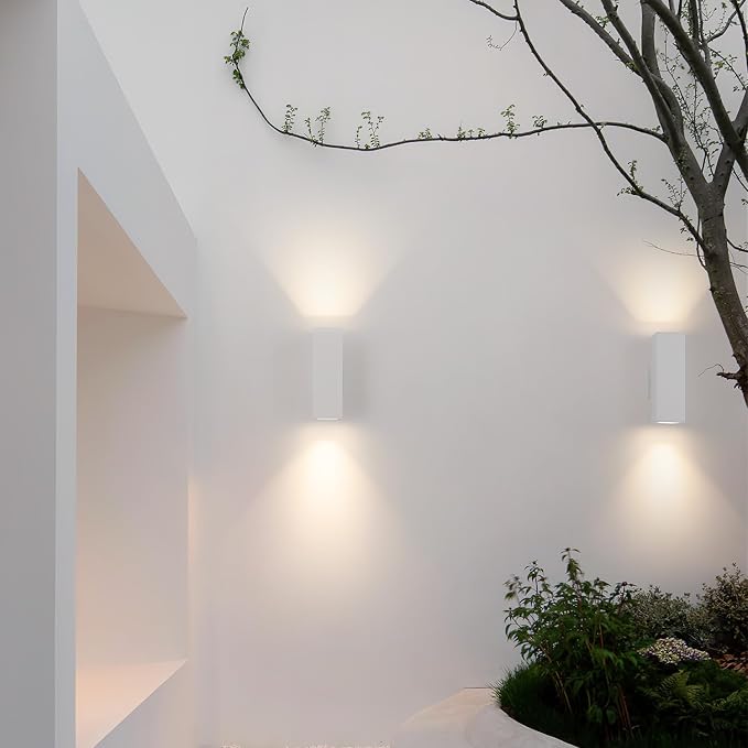 mirrea Modern Outdoor Porch Light Patio Light in 2 Lights with Aluminum Rectangular Tube and Tempered Glass Cover Waterproof Wall Sconce 2 Pack Matte White
