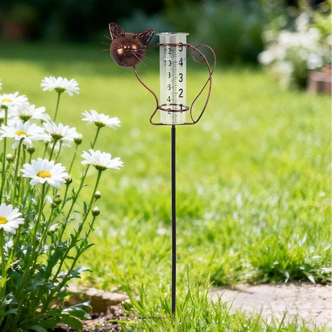 Rain Gauge with Large Clear Numbers, Rain Gauge Outdoor Garden Stake, 5-Inch Glass Tube Rain Water Gauges for Garden, Yard, Lawn, Patio(Cat)