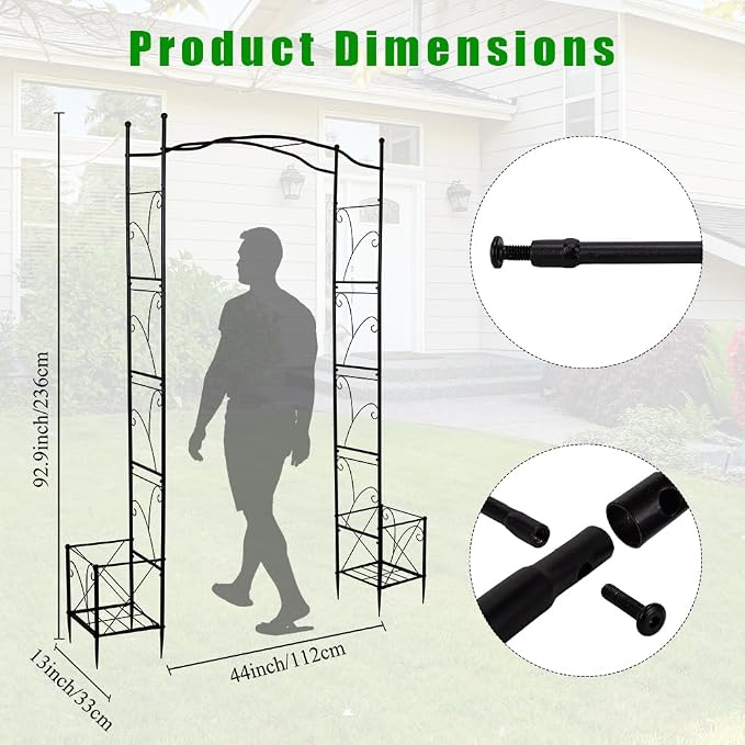 93" Garden Arched Arbor with Planters Outdoor Metal Garden Trellis Flat Top | Arch Trellises for Climbing Plants Vegetables Rose Vine Garden Archway for Backyard Patio Lawn Wedding Party Decoration